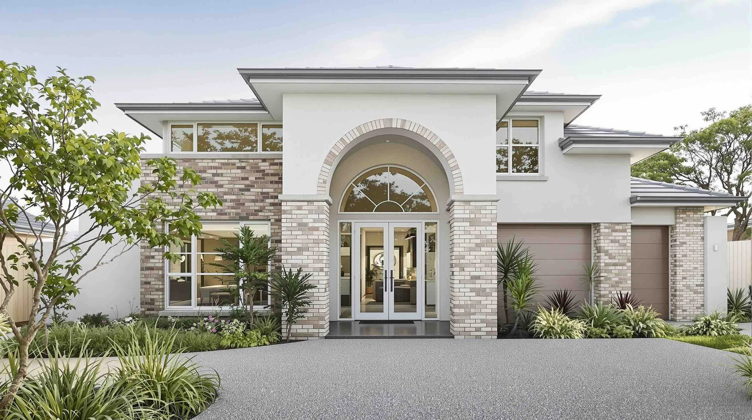 Custom arched doors Perth contemporary home exterior double entry white aluminium frames