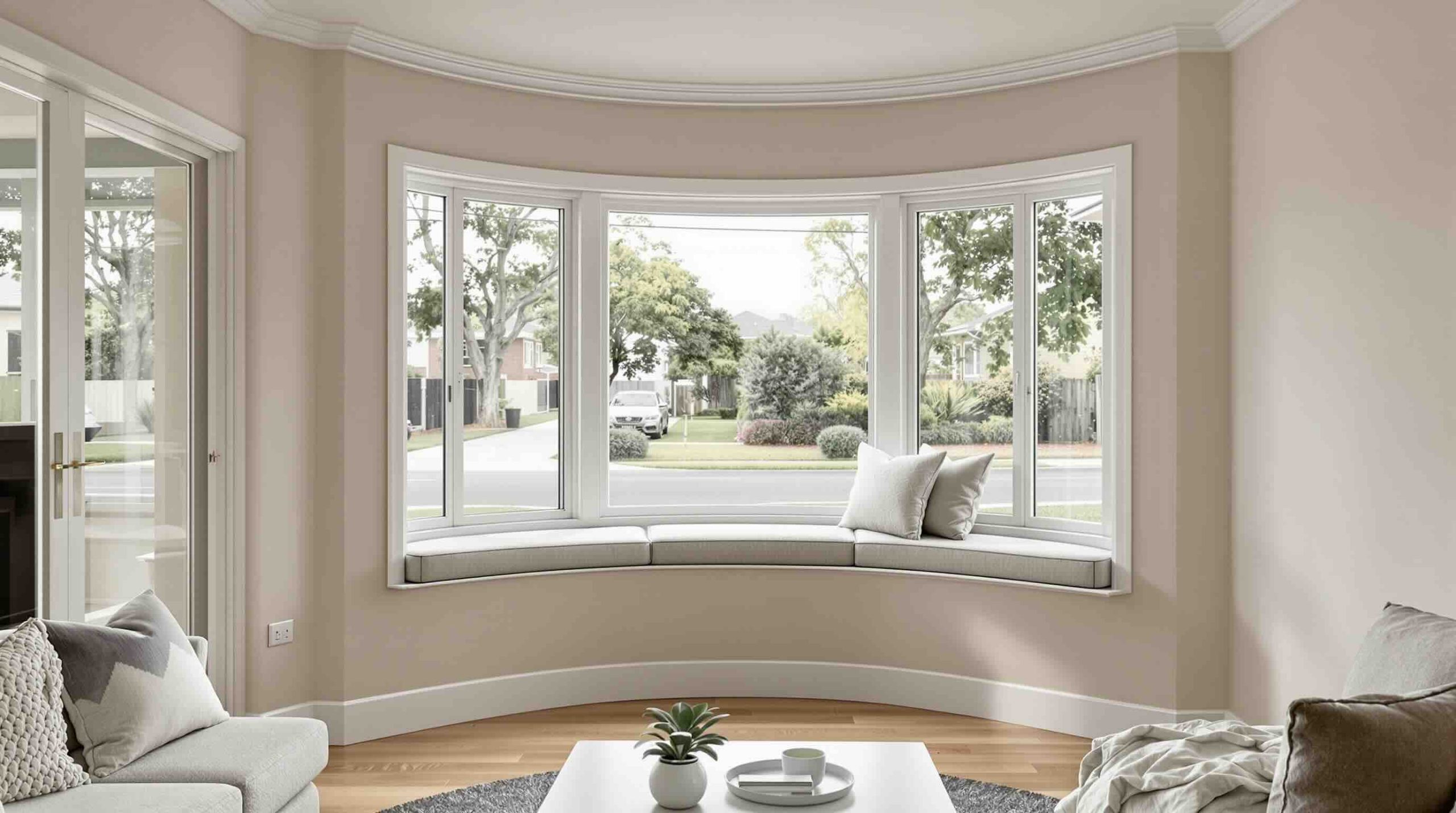 Custom curved bay windows Perth home interior white frames with cushioned window seat
