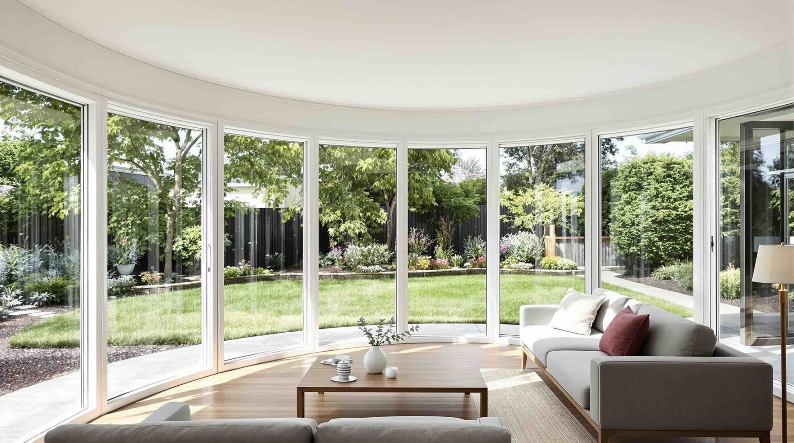 Custom curved windows Perth home interior sunroom white frames double glazed