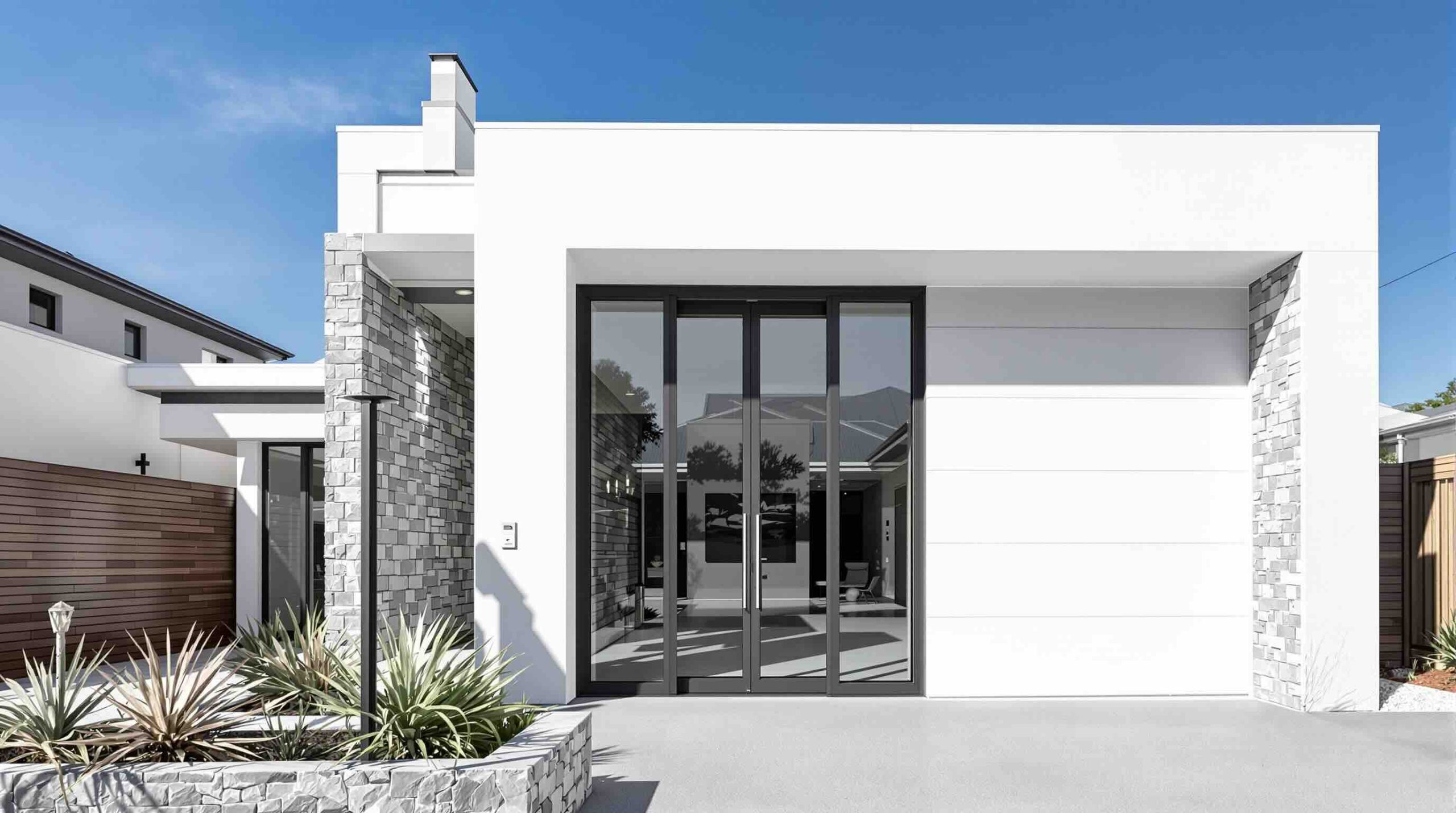 Large pivot doors Perth contemporary home entrance black aluminium frames double glazed